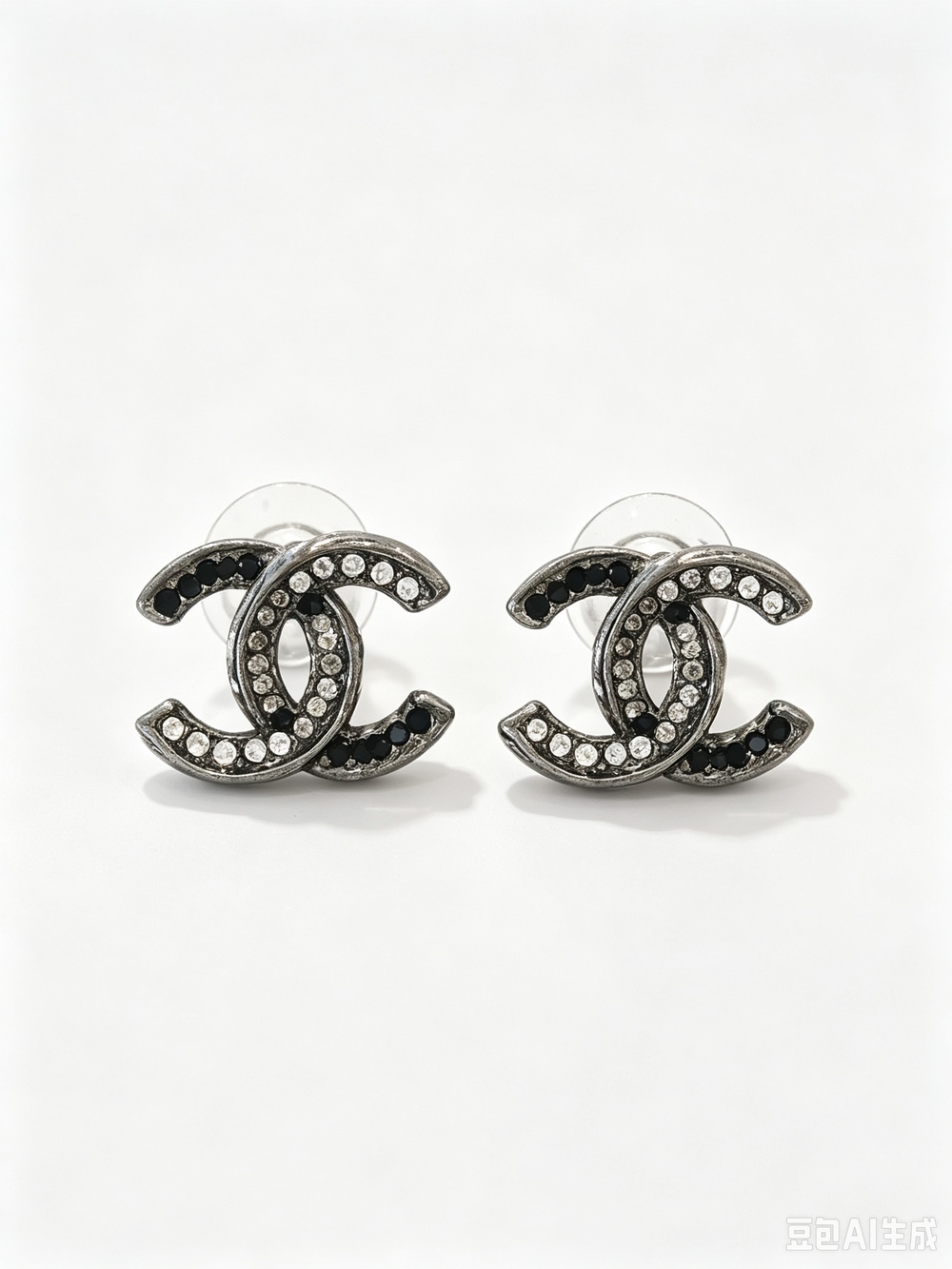 Chanel Black & Silver CC Crystal Stud Earrings